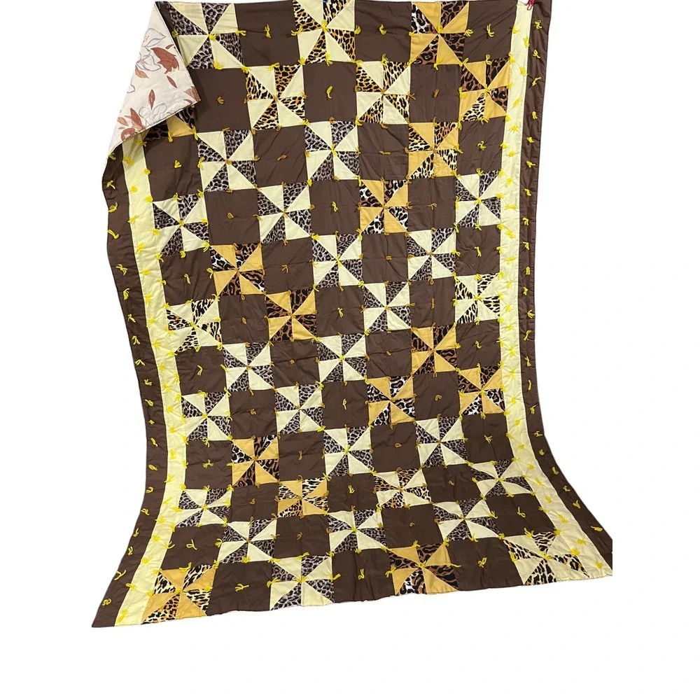 Reversible Full Queen Animal Print Pinwheel Quilt Topper Tied 90x66